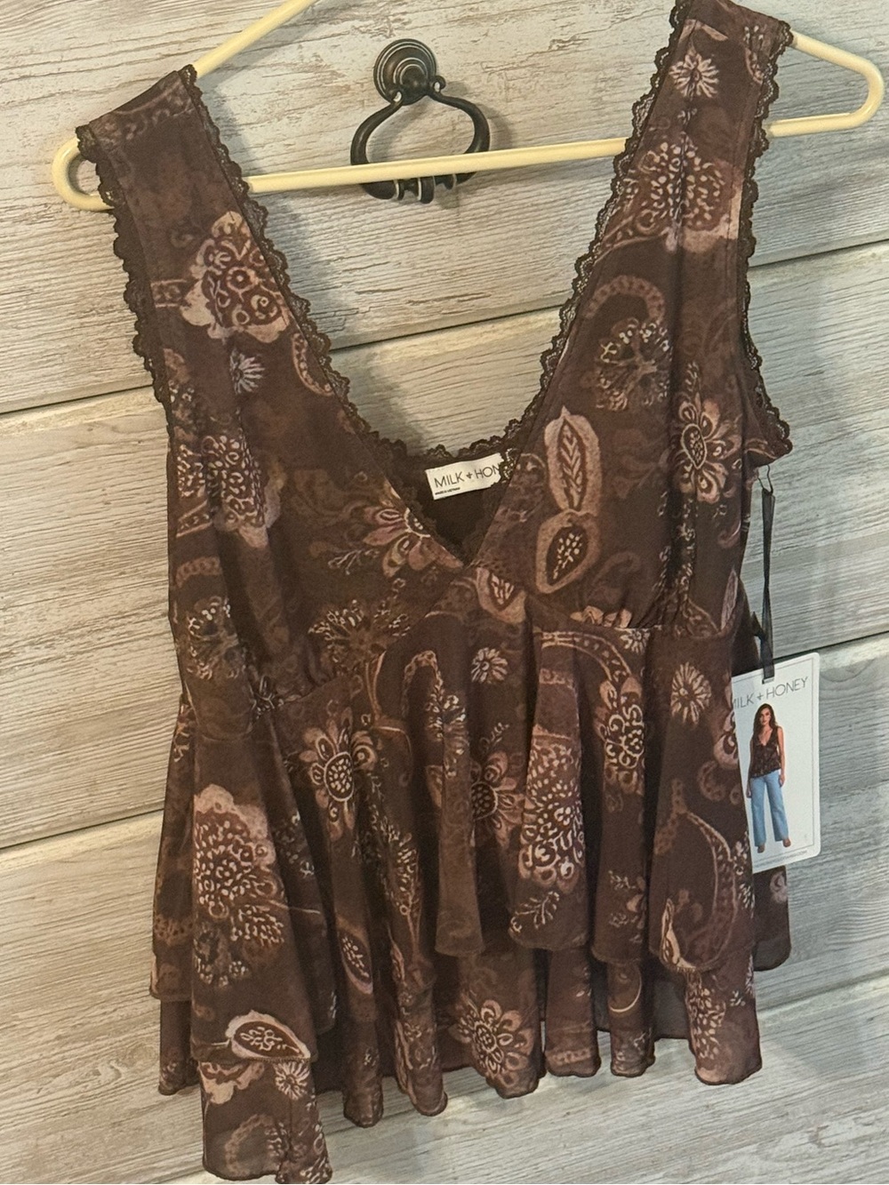 Milk + Honey Brown Paisley Ruffle-Trim V-Neck Camisole